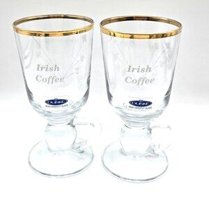DUISKE Irish Handcut Etched Irish Coffee Gold Rim Footed Cups Glasses NOS Set 2